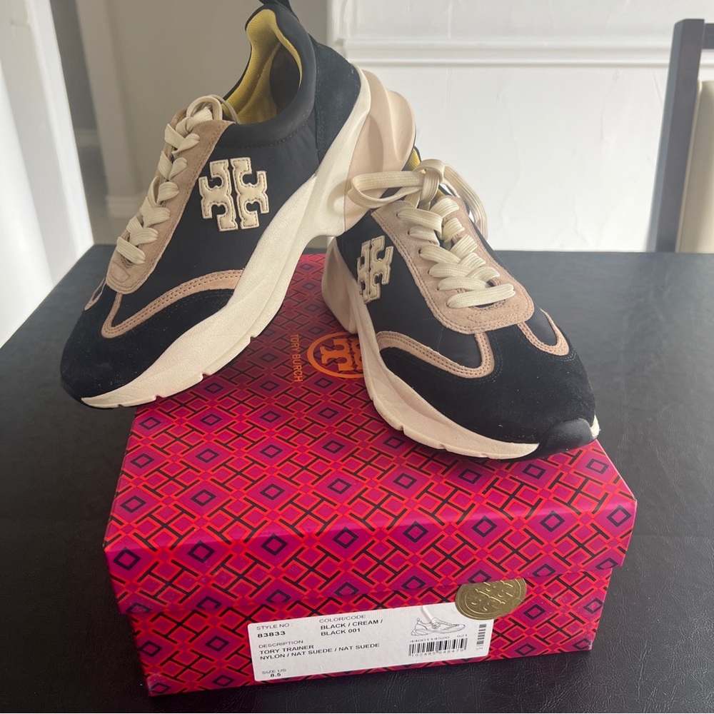 TORY BURCH Good Luck Trainer Sneaker Leather/Nylon US 8.5 Black/Cream.